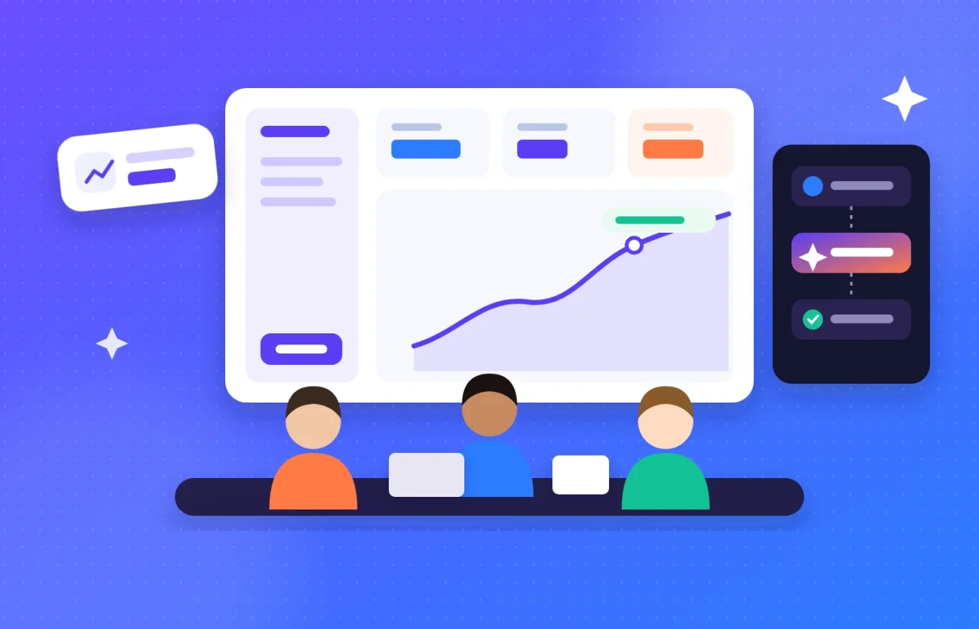 Ilustración de un equipo de trabajo con un panel de datos y automatizaciones