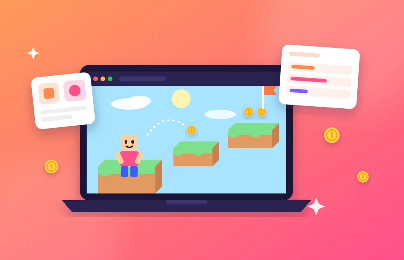 Ilustración de un videojuego de plataformas creado en un portátil